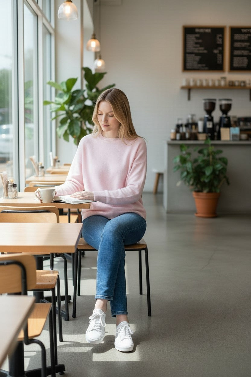 CLEMENTI light pink viscose blend crew neck sweater with ribbed cuffs and hem, worn by a woman sitting in a cafe.