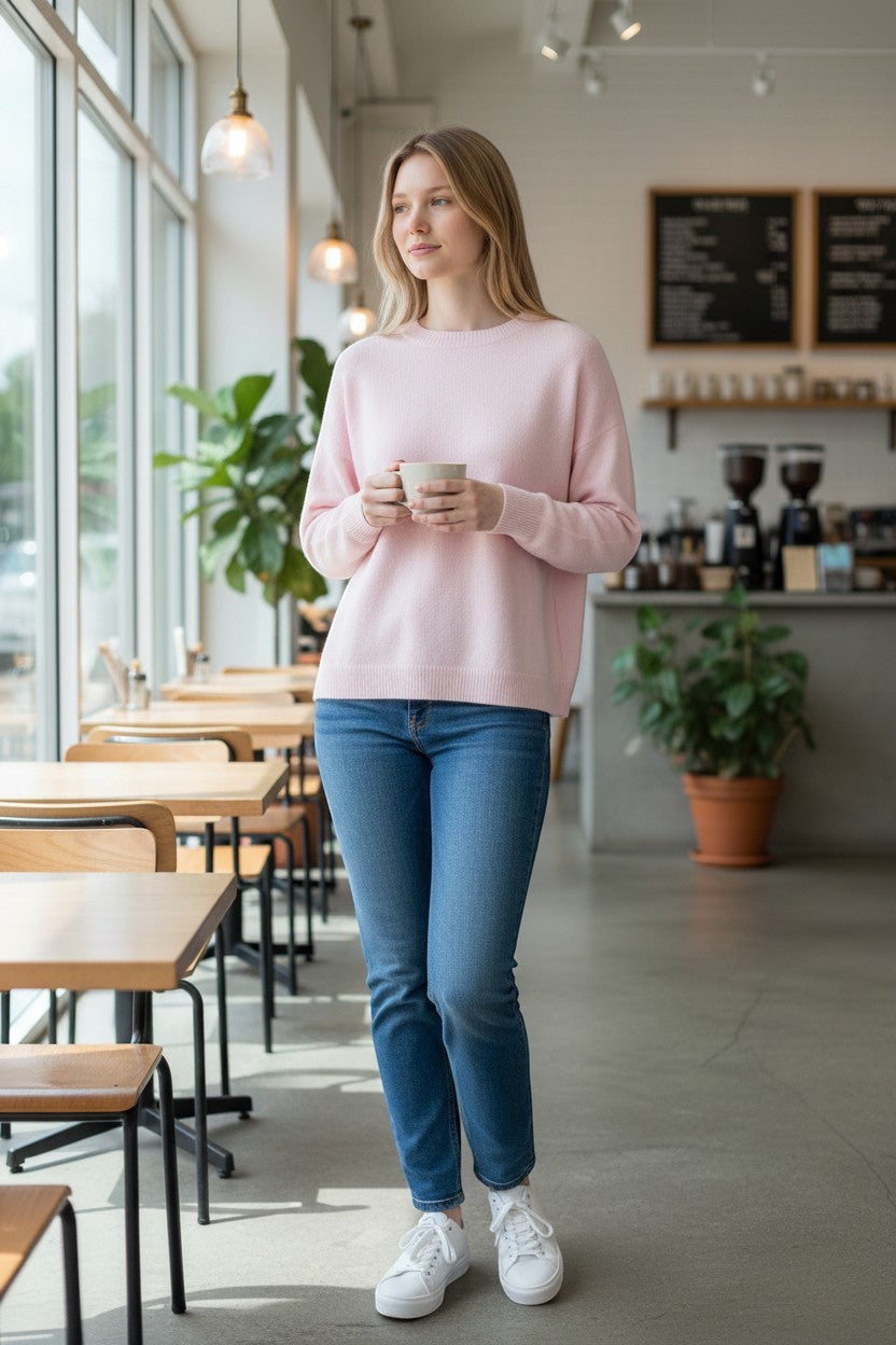 CLEMENTI light pink viscose blend crew neck sweater with ribbed cuffs and hem, worn by a woman in jeans.